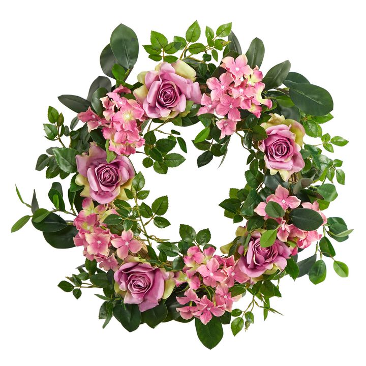 Nearly Natural 22-in Pink Hydrangea and Rose Artificial Wreath
