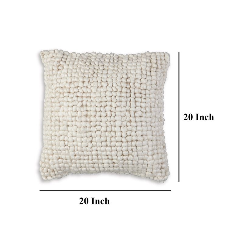 Avy Square Accent Throw Pillow, 20 Inch Plush Looped Ivory White Wool - Benzara