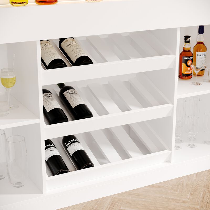 FUFU&GAGA Modern Stepped-Top Wine Cabinet with Tilted Bottle Rack, Wave Light Effect with Adjustable Brightness, 4mm Tempered Glass, (56.3 in. W x 15.7 in. D x 39.4 in. H), White
