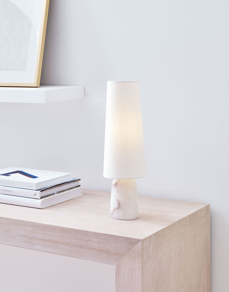 Jinny Medium Table Lamp in Alabaster with Linen Shade