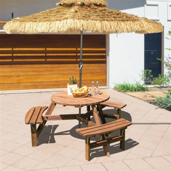 Wooden 6 Seater Picnic Table with Center Umbrella Hole for Outdoor Dining