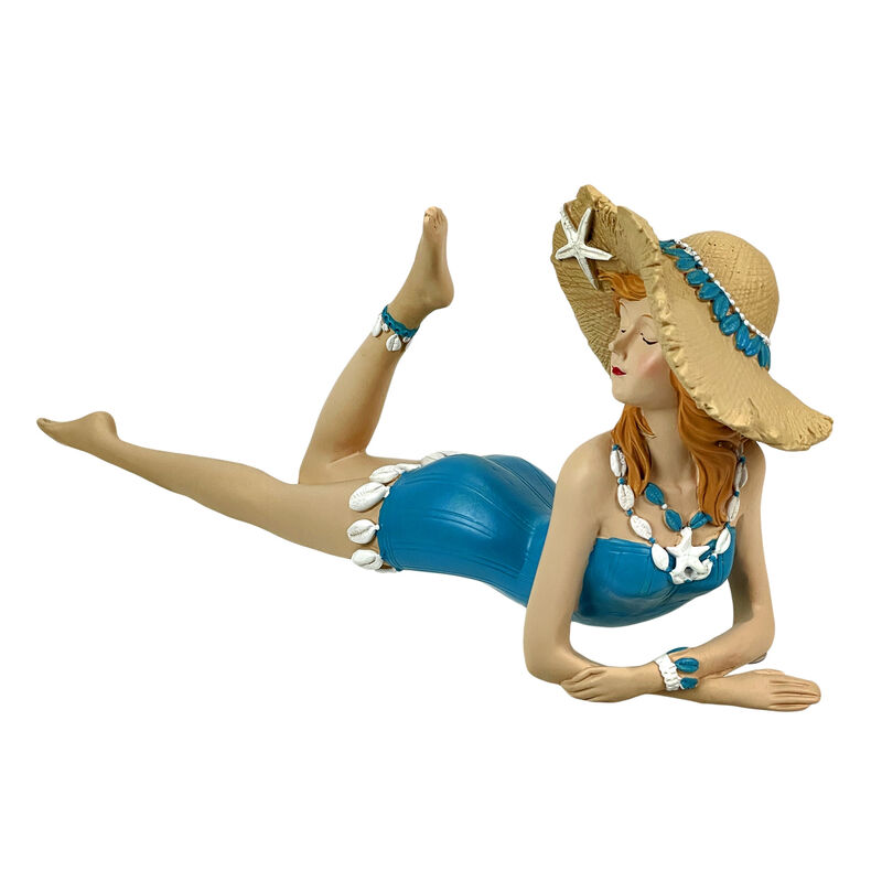 Lounging Beach Girl Sunbathing Figurine Blue Swimsuit Retro Nautical Decor image number 0