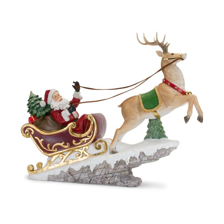 Resin Santa Sleigh with Deer &ndash; Christmas Holiday Decor for Home, Mantel, and Seasonal Table Display
