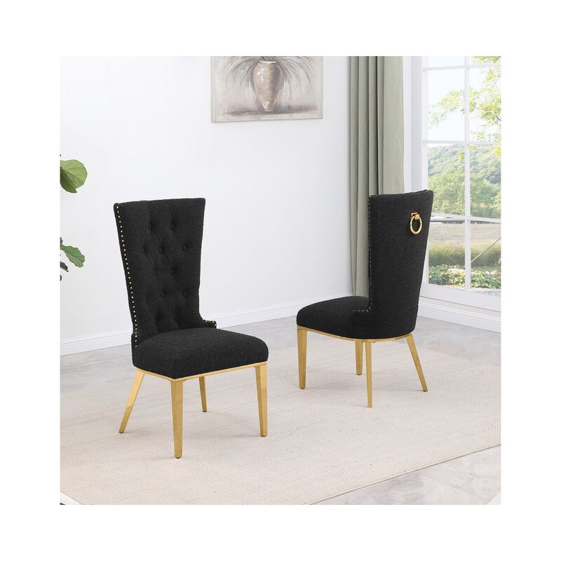 Best Quality Furniture Black Boucle Fabric With Gold Chrome Base Glam Dining Chairs (Set Of 2)