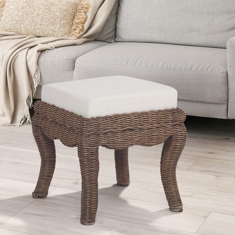 Rowan 19.7" Bohemian Designer Woven Rattan/Wood Ottoman Vanity Stool