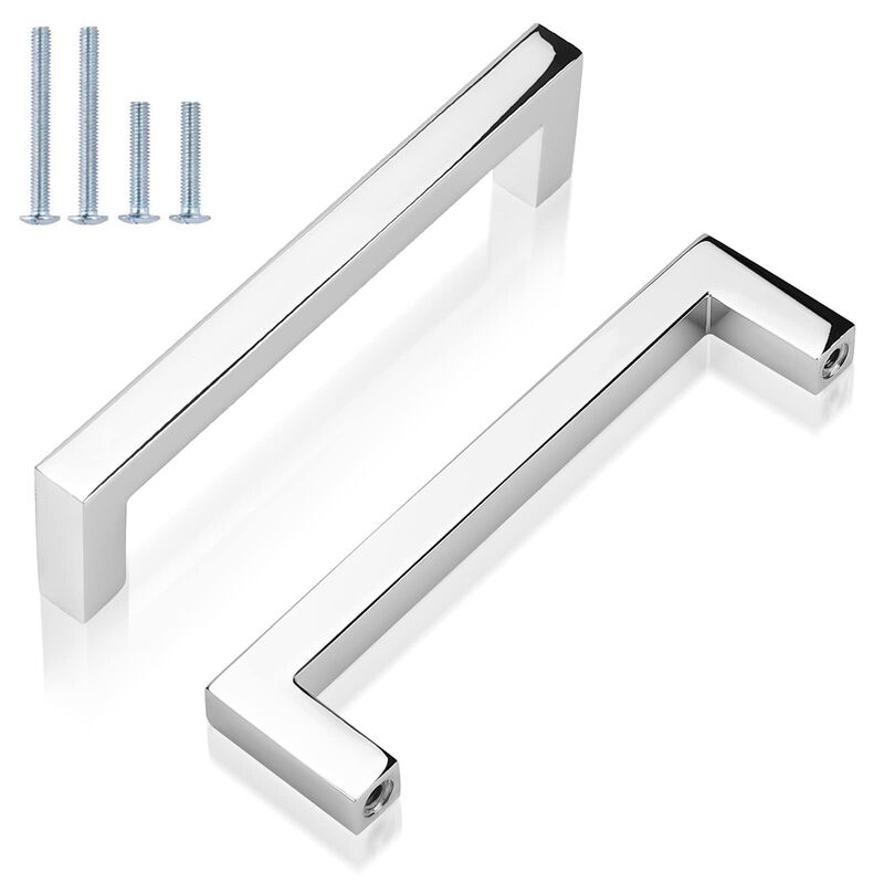 GOBEKOR 10 Pack Polished Chrome Cabinet Handles 3-3/4 Inch Hole Center Chrome Cabinet Pulls, Square Drawer Pulls Solid Dresser H
