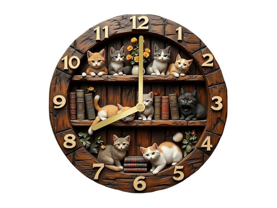 Cat Themed Retro Wooden Vintage Pet Wall Clock Silent Non Ticking Wood