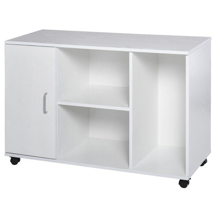 White Wood Rolling File Cabinet Storage Organizer with 3 Large Open Shelves and Door Cabinet Door for Easy Storage and Mobility