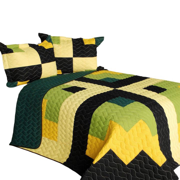 3PC Patchwork Quilt Bedding Set with Vermicelli Stitching Design