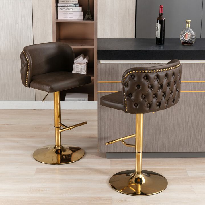 Hivvago Set of 2 Gold Details Upholstered Whole Back Tufted PU Armless Bar Stools