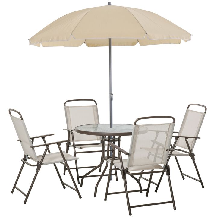 6 Piece Patio Dining Set for 4 with Umbrella, 4 Folding Dining Chairs & Round Glass Table for Garden, Backyard and Poolside, Beige