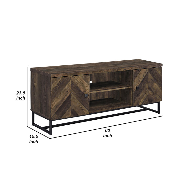 60 Inch TV Media Console Cabinet, 2 Herringbone Doors, Rustic Brown Wood - Benzara