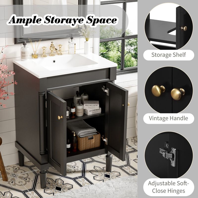 24" Freestanding Bathroom Vanity with Ceramic Sink, 2-Tier Storage Cabinet, 2 Soft-Close Doors image number 3