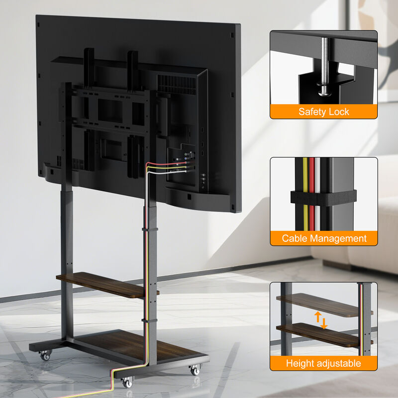 Rolling TV Floor Stand w/ MDF Shelves Height Adjustable TV Cart Mount image number 8