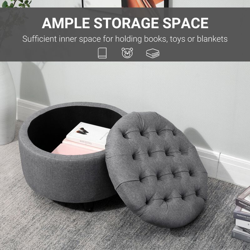 Grey Living Room Storage: Round Tufted Linen Ottoman Bench