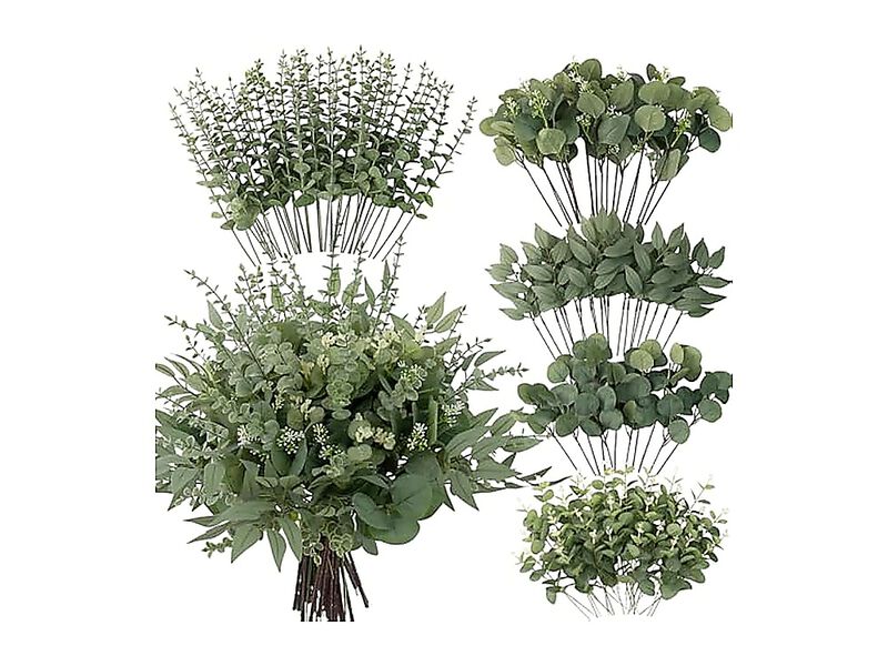 130 Pack Artificial Mixed Eucalyptusstems Bulk 5 Kinds Faux Greeneryeucalyptus image number 0