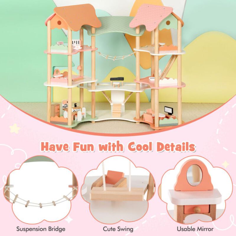 Hivvago 3-Tier Wooden Dollhouse for Kids Aged 3-8 Years Old with 32 Pieces of Accessories