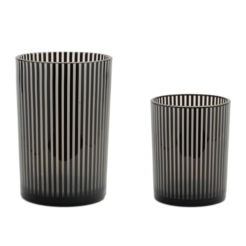 Set of 2 Striped Glass Candle Holders for Tabletop Decor or Holiday Centerpieces