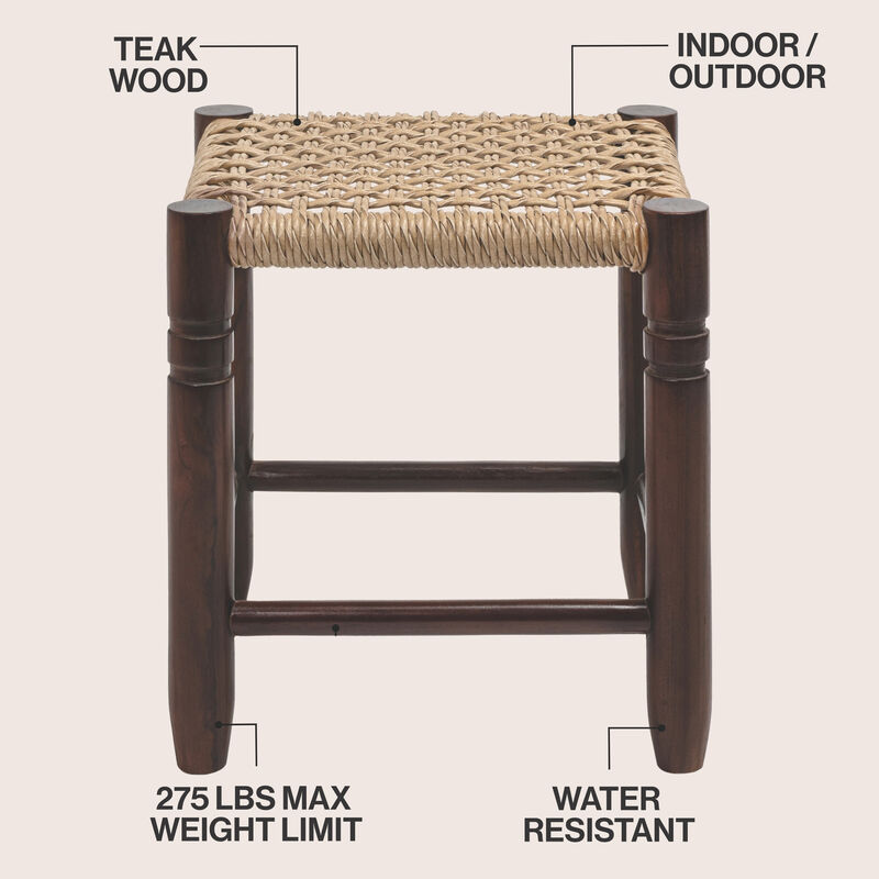 Columnar Casual Bohemian Handcrafted Teak Wood Backless Indoor/Outdoor Stool with Synthetic Woven Rattan Seat image number 2