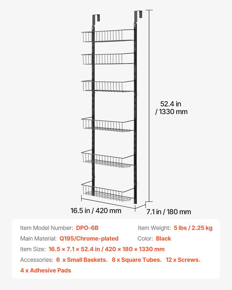 Over the Door Pantry Organizer &ndash; 6-Tier Adjustable Storage Rack for Kitchen Supplies image number 6