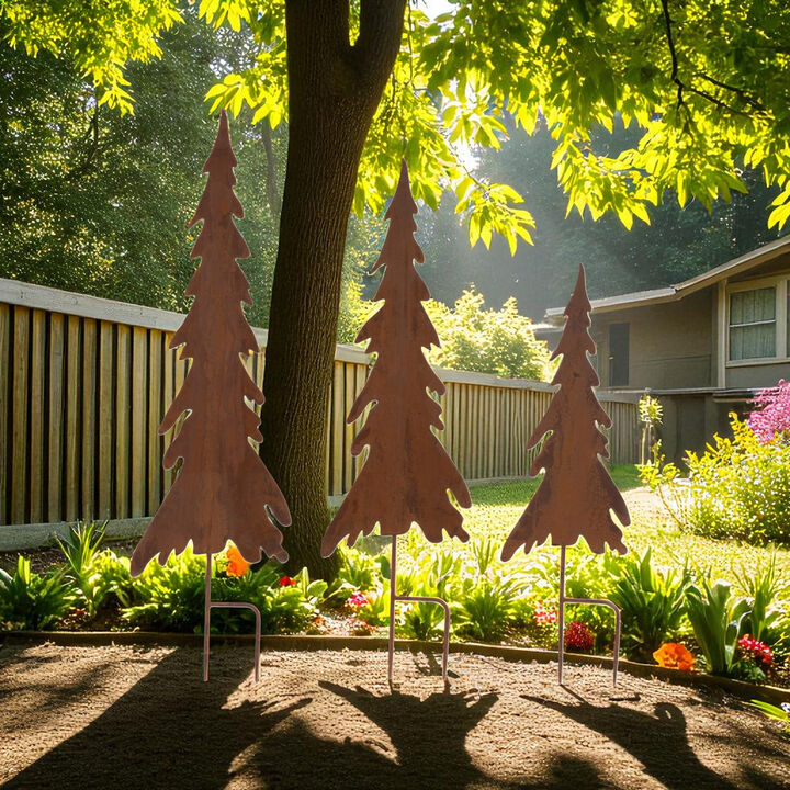 Set of 3 Rusted Iron Pine Tree Stakes for Outdoor Holiday or Garden Decor