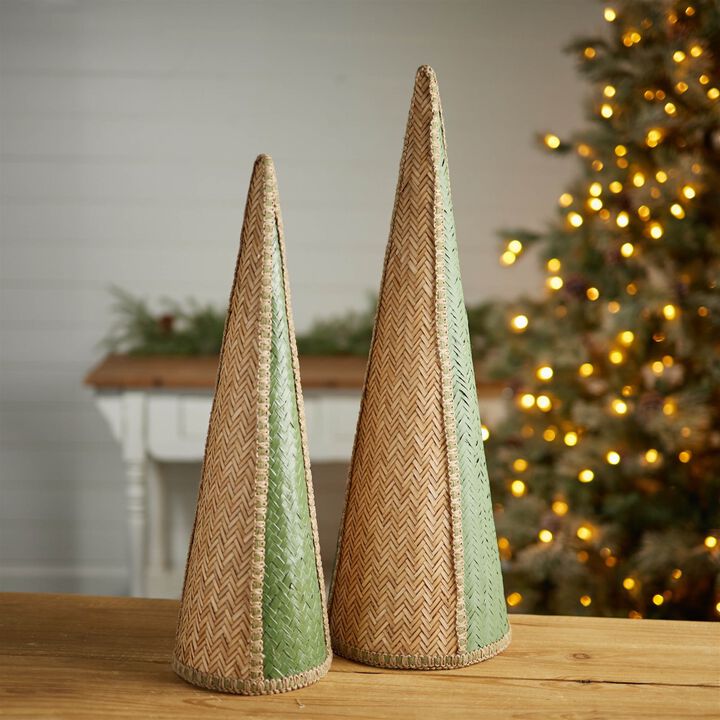 Wicker Christmas Tree Cone Set – 2-Piece Rustic Pine Trees for Tabletop, Holiday Vignette, or Neutral Seasonal Styling