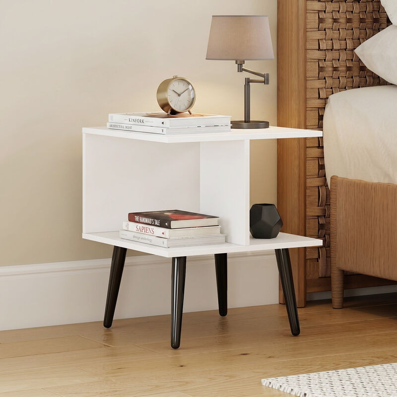 Modern 2-Tier End Table with 2 Storage Compartments and Sturdy Metal Legs-White image number 3
