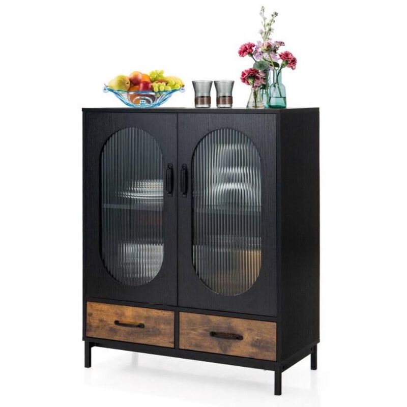 Hivvago Modern Black Brown Metal Wood Sideboard Dining Buffet Cabinet with Glass Doors