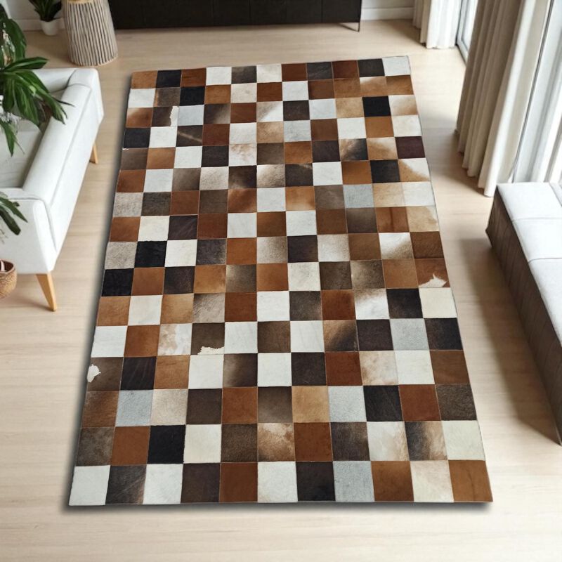 Brown White Cowhide Patchwork Rug image number 5