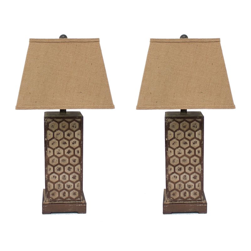 29 Inch Industrial Table Lamp, Linen Shade, Honeycombed Metal Base, Khaki-Benzara