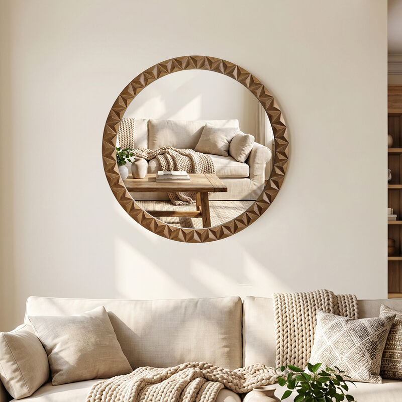 26" Geometric Carved Pine Wood Round Wall Mirror image number 2