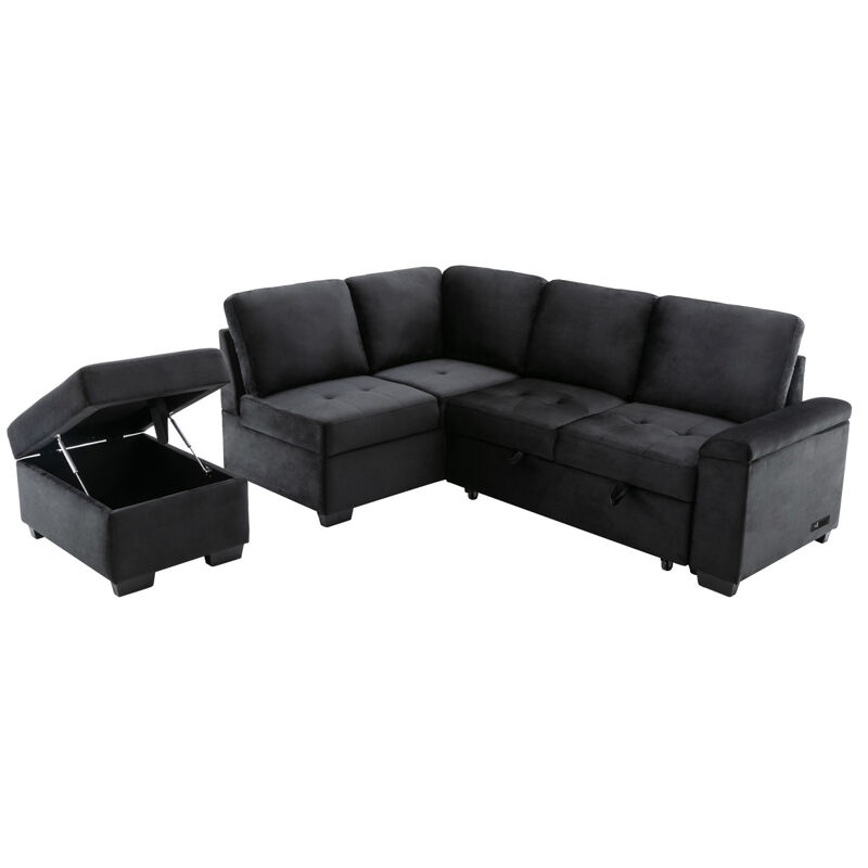 Sleeper Sectional Sofa, L-Shaped Corner Couch Sofa-Bed with Storage Ottoman & Hidden Arm Storage & USB Charge for Living Room Apartment, Black