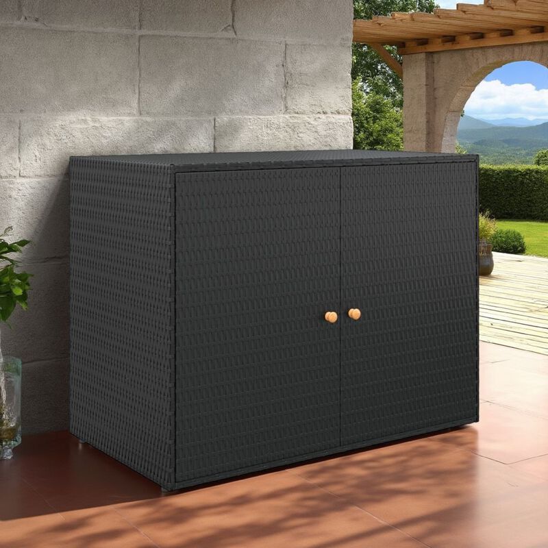 Outdoor Storage Cabinet, Solid Acacia Wood, 39 Inch Black PE Rattan - Benzara