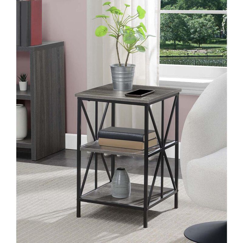 Convenience Concepts Tucson Starburst End Table with Shelves, Weathered Gray/Black