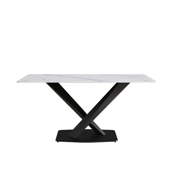 63-inch modern artificial stone white straight edge black metal X-leg dining table -6 people