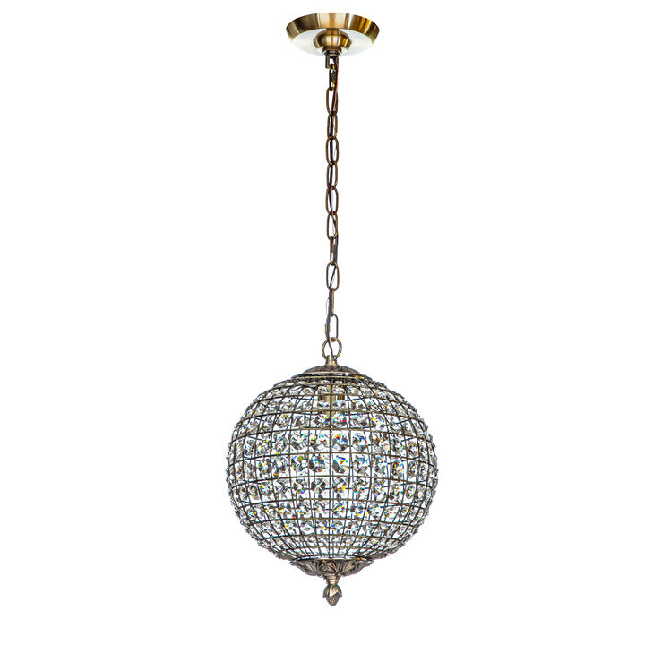 1-Light W12 in. Retro Antique Gold Globe Chandelier Small Crystal Vintage Cage-Style Shade Pendant Light for Kitchen Island