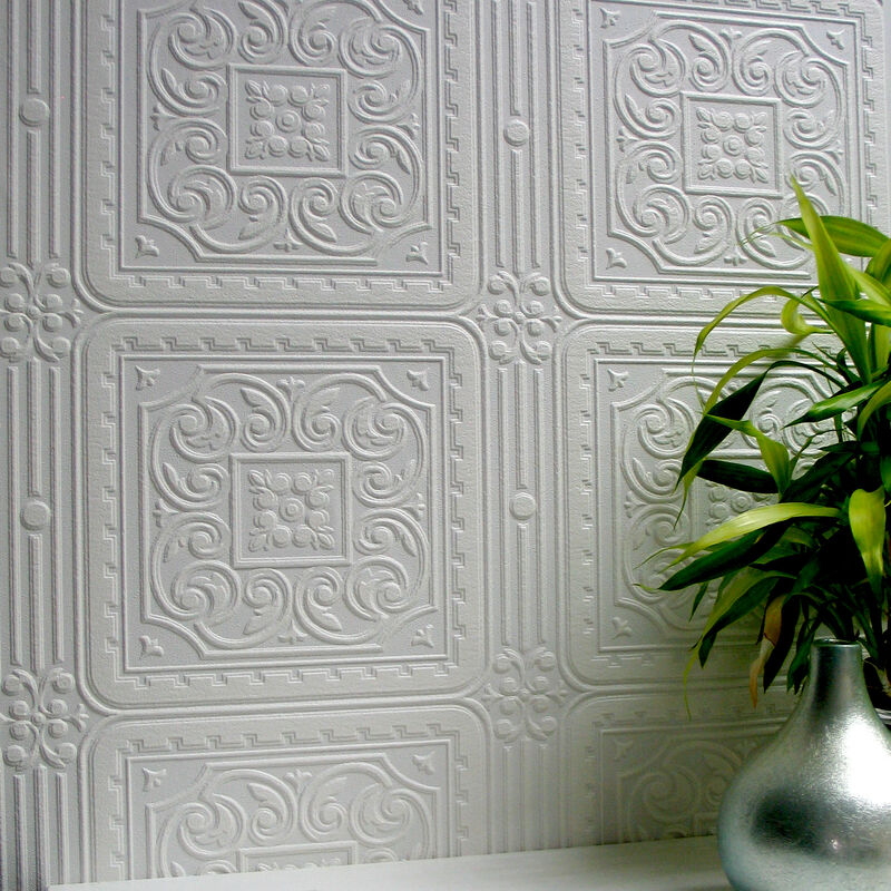 Turner Tile White Paintable Textured Vinyl Wallpaper (Set of 2) image number 4