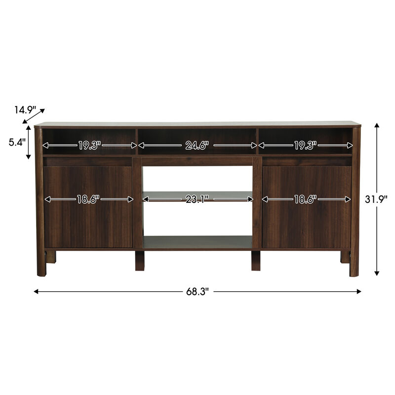 68" Dark Walnut Fluted Door Mid-Century Modern Wooden TV Stand Media Console Storage Cabinet with Open Shelves for TVs up to 75" image number 5