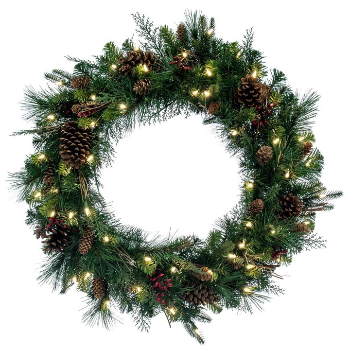 Vickerman 30" Cibola Mixed Berry Artificial Christmas Wreath, Warm White LED Lights - Faux Mixed Berry Christmas Wreath - Indoor Seasonal Home Decor