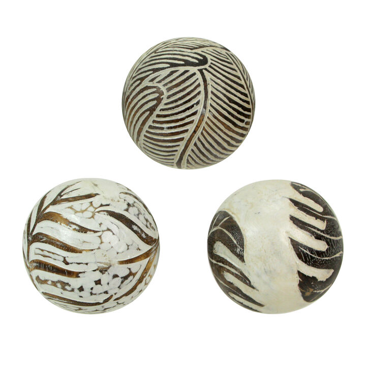 Set of 3 Whitewashed Carved Tropical Leaf Solid Wood Decor Balls