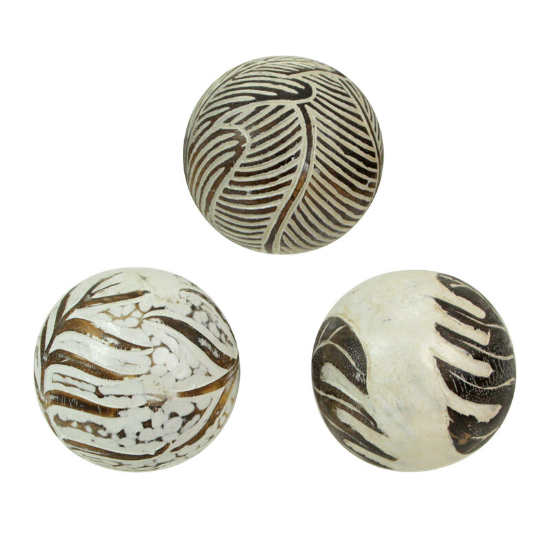 Set of 3 Whitewashed Carved Tropical Leaf Solid Wood Decor Balls image number 1