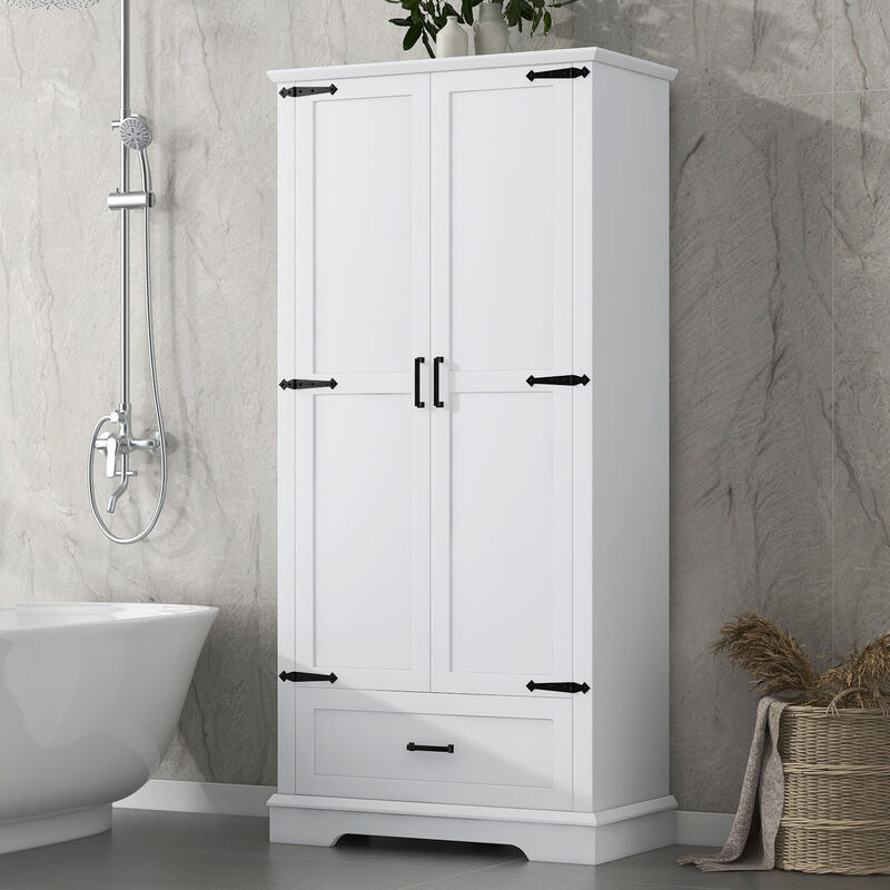 Whisen Tall White Bathroom Storage Cabinet with Black Handles, Double Doors, Drawer and Adjustable Shelf - White