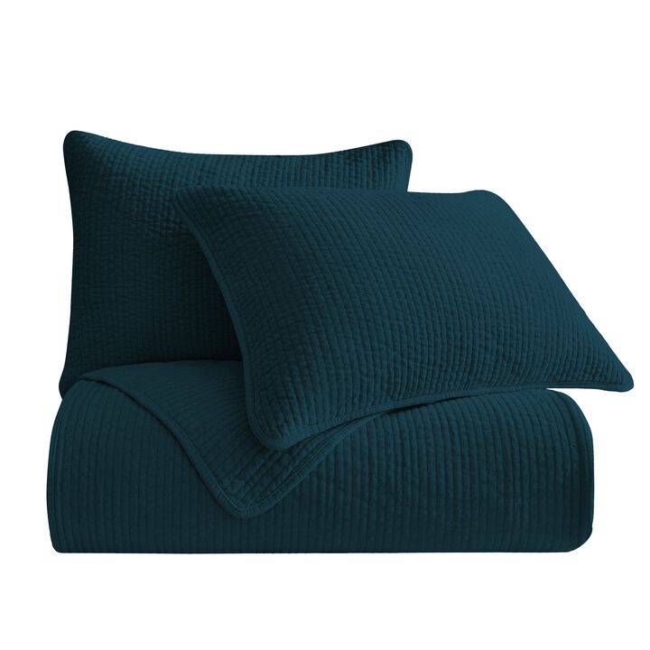 Stonewashed Blue Cotton Velvet King Quilt Set