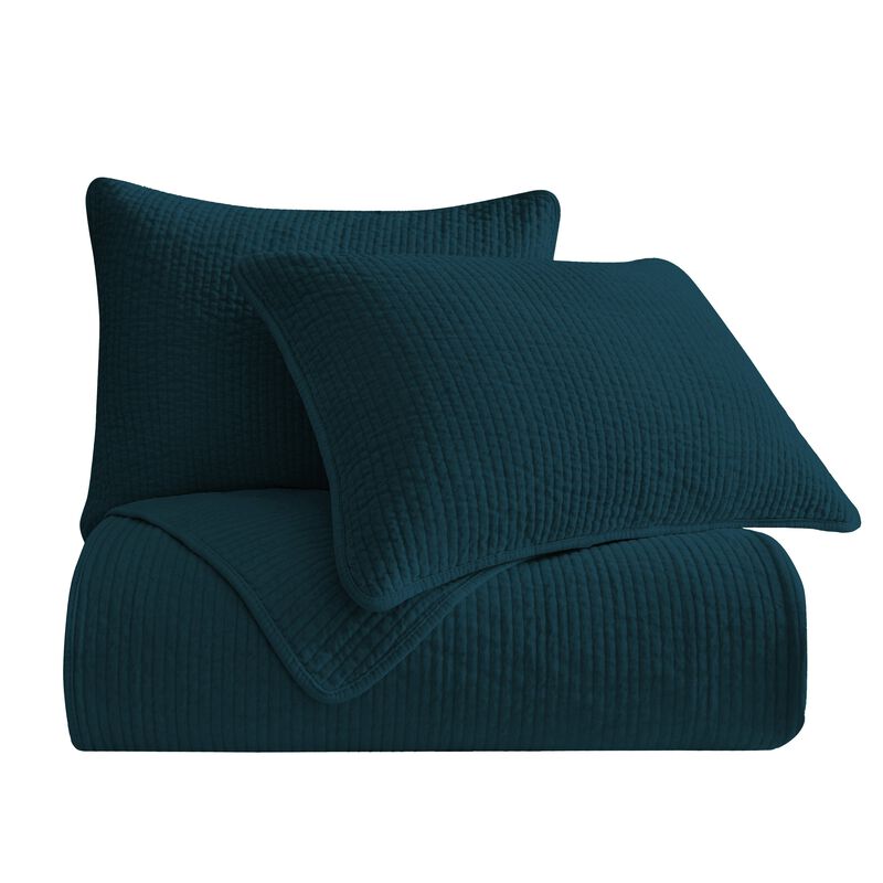Stonewashed Blue Cotton Velvet King Quilt Set image number 0