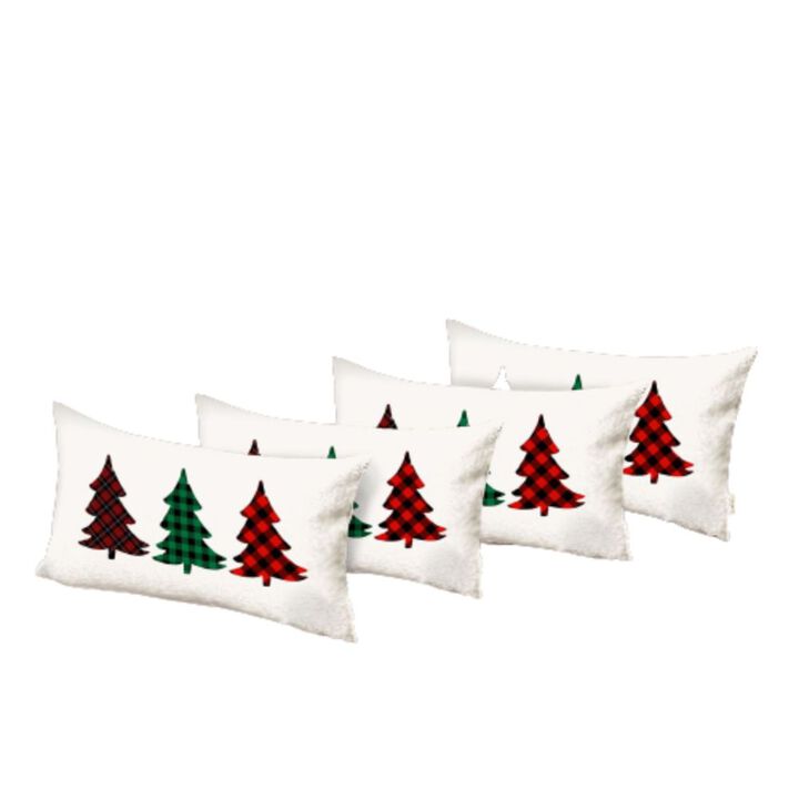 Homezia Set of 4 Christmas Tree Trio Plaid Lumbar Throw Pillows