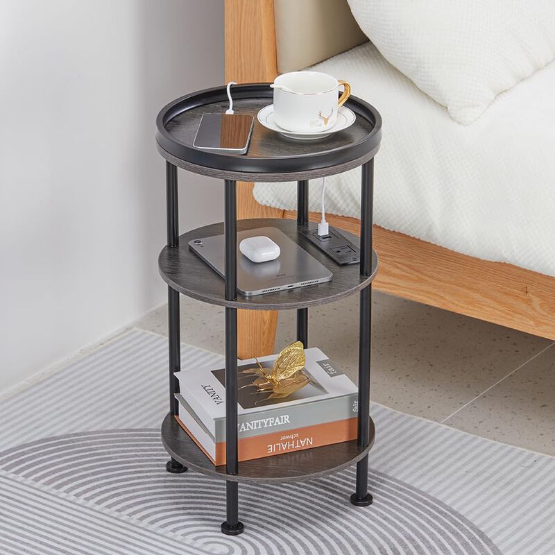 Small Round Side Table with Charging Station for Small Spaces, 3-Tier Round Accent Table with USB Ports & Power Outlets, Round C