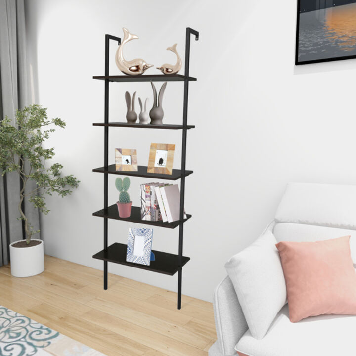 Industrial 5-Tier Ladder Shelf with Wood Shelves and Metal Frame