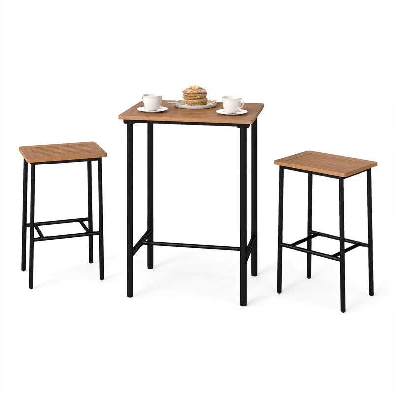 Acacia Wood Outdoor Bar Set 3 Piece with Rectangular Table and Metal Legs-Natural image number 3