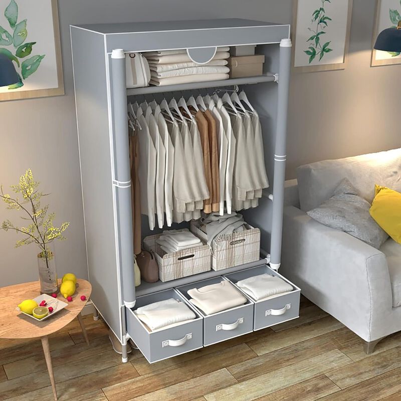 Clothes Closet with Rolling Door, Hanging Rack, and 3 Drawer Storage Boxes for Home