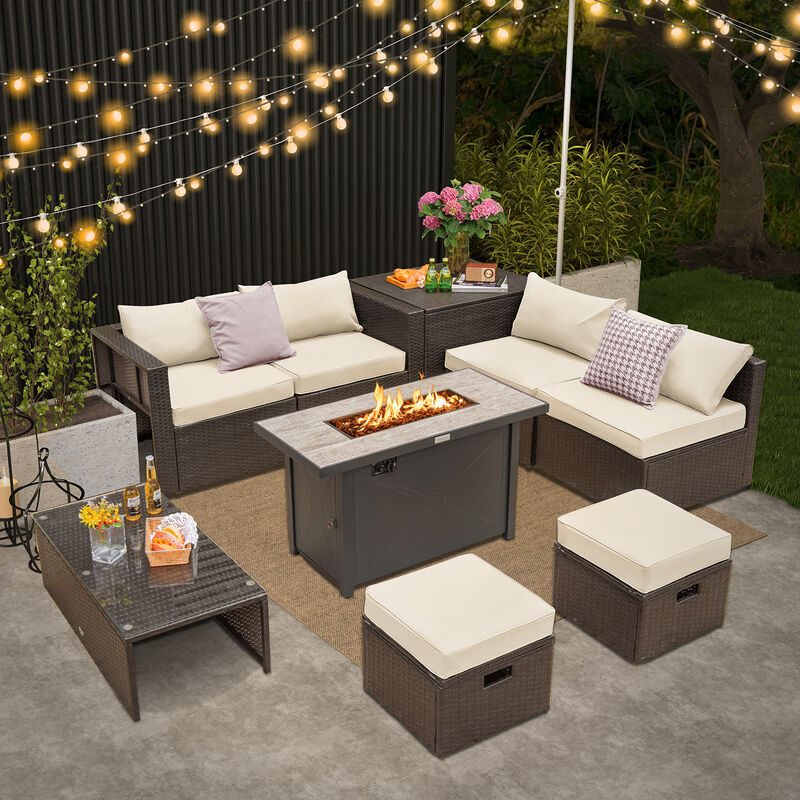 9-Piece Outdoor Patio Furniture Set with Cushions & Propane Fire Pit Table for Garden or Backyard